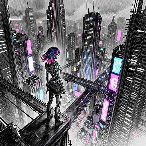 Digital anime-style drawing of a girl with vibrant blue and pink hair standing on a rooftop, overlooking a neon-lit, rain-soaked cityscape of