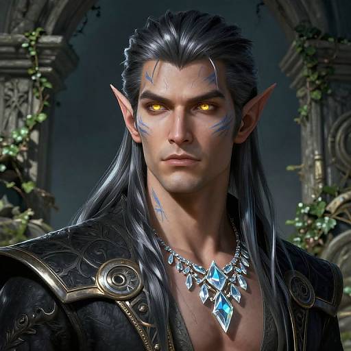 CGI fantasy portrait of a muscular, elven male with glowing yellow eyes, long silver hair, blue facial tattoos, and ornate black armor.