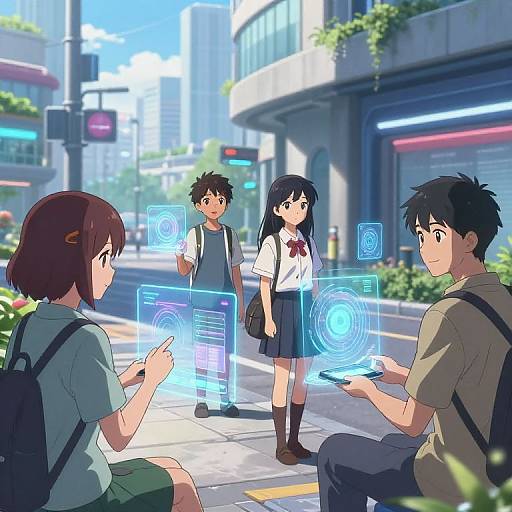 Anime-style digital illustration of four high school students interacting with holographic interfaces on a bright, urban street. Blue holograms and cityscape in background.