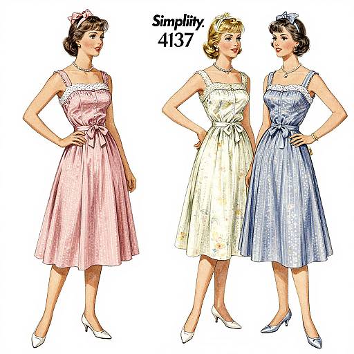 Vintage-style illustration of three women in 1950s dresses: pink, yellow, and blue, with white heels and accessories, labeled 