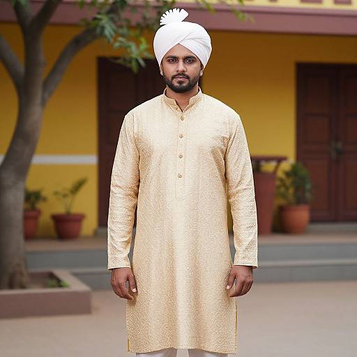 Photograph of a bearded Indian man in a white turban and gold embroidered kurta, standing in front of a yellow building with potted plants