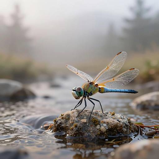 Dragonfly resting on rock in misty mountain stream