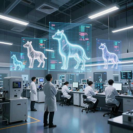 Photograph of a high-tech lab with five Asian male scientists in white coats working at desks, surrounded by glowing blue neon animal silhouettes and multiple