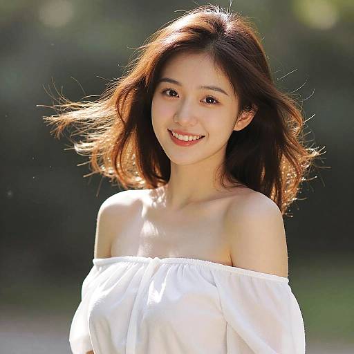 Photograph of a young Asian woman with shoulder-length brown hair, smiling, wearing an off-shoulder white blouse, standing outdoors in sunlight.