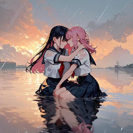 Anime Yuri Girls Hugging in Submerged City