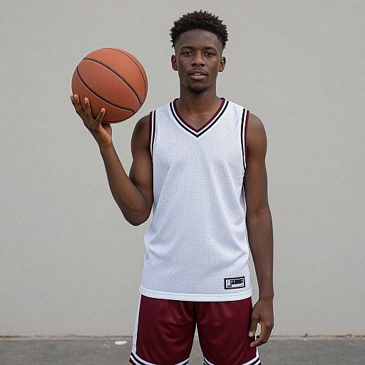 Photograph of a young black male basketball player with short curly hair, wearing a white sleeveless jersey and maroon shorts, holding an orange basketball in