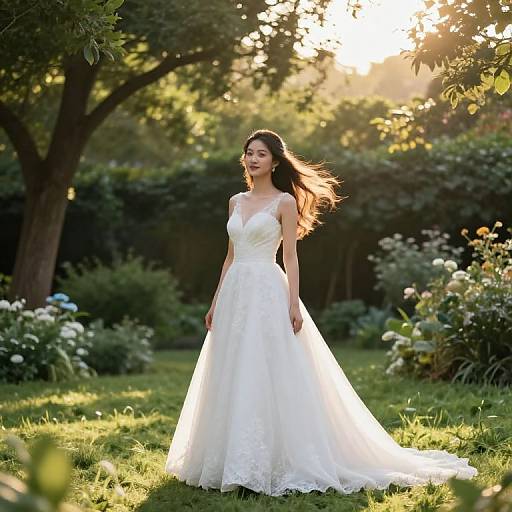 Photograph of an Asian woman in a white, strapless lace wedding dress standing in a sunlit garden, with trees and flowers in the background.