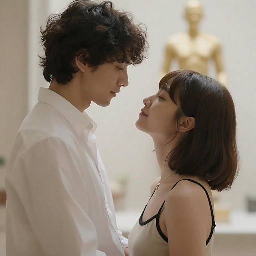 Photograph of an intense, close-up moment between a young Asian man and woman, gazing at each other, in a brightly lit room with a