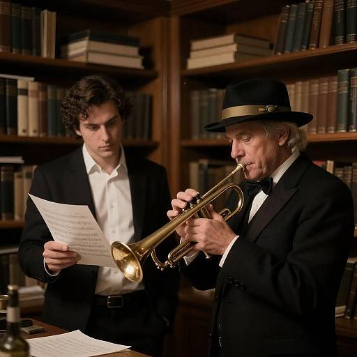 Trumpet Lesson in Dimly Lit Study