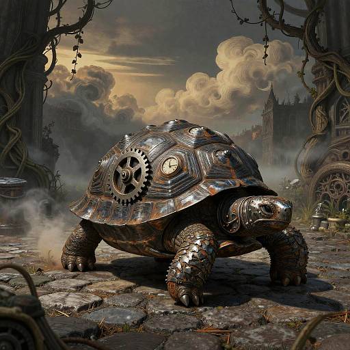 Fantasy digital artwork of a metallic, gear-adorned tortoise in a foggy, medieval ruin with twisted vines and a cloudy sky.