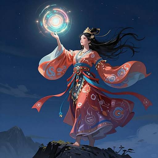 Digital artwork of an Asian woman in a red floral kimono, standing on a mountain at night, conjuring a glowing magical orb.