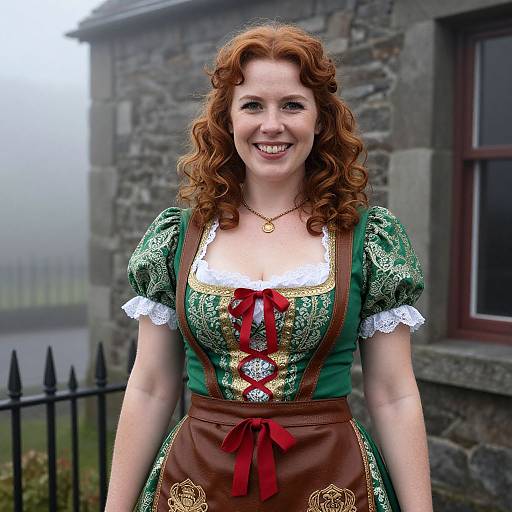 Photograph of a smiling red-haired woman with curly hair, wearing a green and brown medieval-style dress with lace, red ribbon, and gold embroidery,
