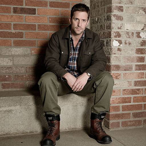 Photograph of a serious-looking man with short dark hair, wearing a black jacket, plaid shirt, olive pants, and brown boots, sitting against