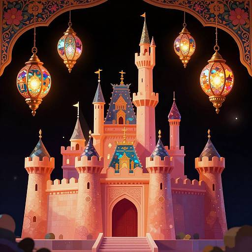 Photograph of a colorful, illuminated castle with ornate lanterns hanging above, featuring intricate designs and a warm, magical ambiance.