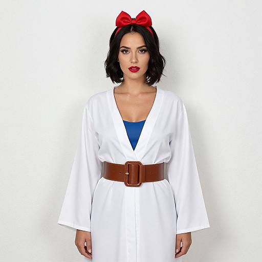 Photograph of a woman with short black hair, red bow, white V-neck dress, blue top, brown belt, and red lipstick.