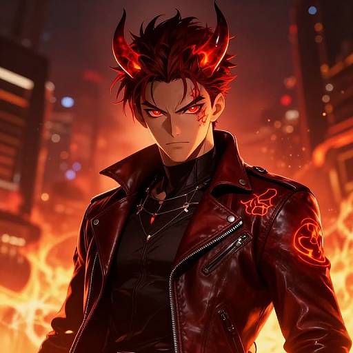 Digital anime-style artwork of a dark-haired, red-eyed demon with glowing horns, wearing a black leather jacket with red glowing symbols, standing in front of