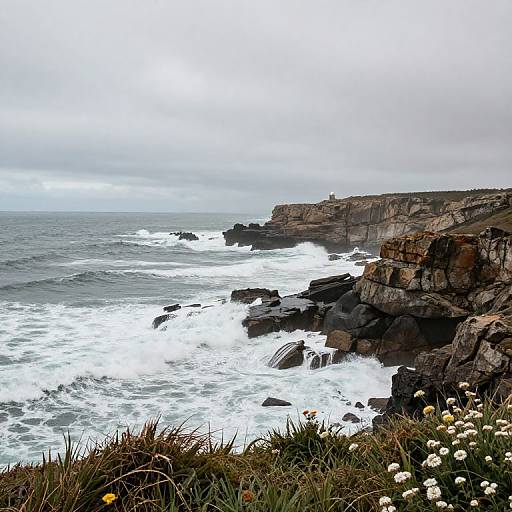 Photograph of a rocky coastline with crashing waves, overcast sky, and white flowers in the foreground, showing rugged cliffs and ocean.