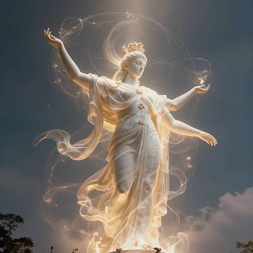 Photograph of a glowing, ethereal statue of a crowned woman with outstretched arms, surrounded by swirling light and fire, against a dark,