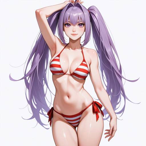 Anime Girl with Long Purple Hair in Red Striped Bikini