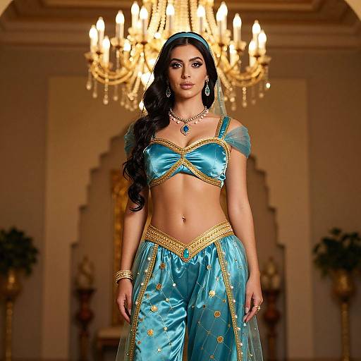 Photograph of a beautiful woman with long black hair, wearing a blue satin and gold-trimmed belly dance outfit, standing in an ornate room