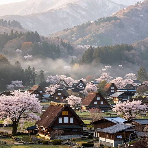 Photograph of a serene Japanese village with cherry blossoms, wooden houses, and misty mountains in the background at sunrise.