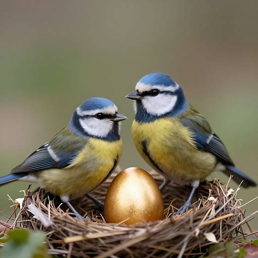 Photograph of two blue, yellow, and black-capped chickadees standing in a nest with a golden egg, against a blurred green background.