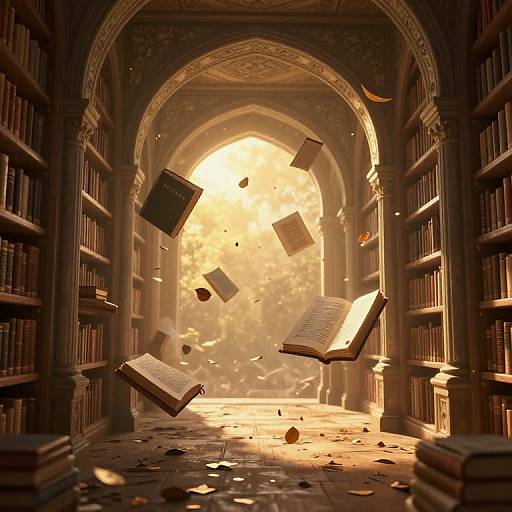 Photograph-like CGI of a sunlit, arched library with floating books, leafy pages, and warm golden light filtering through the archway.