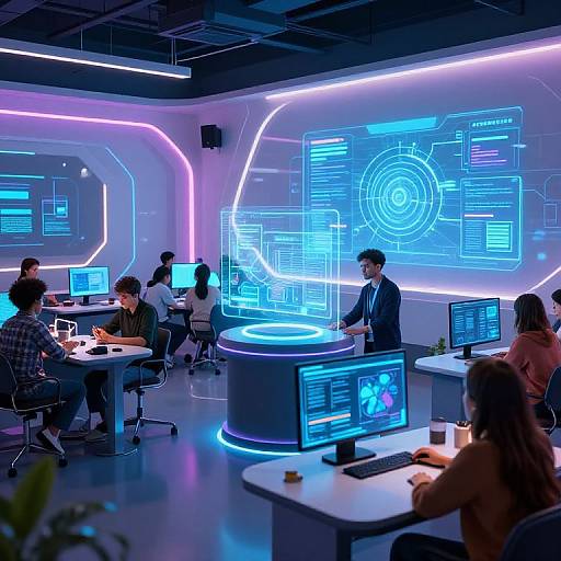 Photograph of a modern, neon-lit tech office with blue and purple ambient lighting, multiple people working on glowing computer screens, and a large,