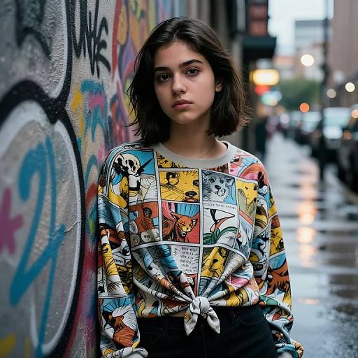 Photograph of a young woman with dark, shoulder-length hair, wearing a colorful comic-print sweater, standing on a wet, graffiti-covered urban street at