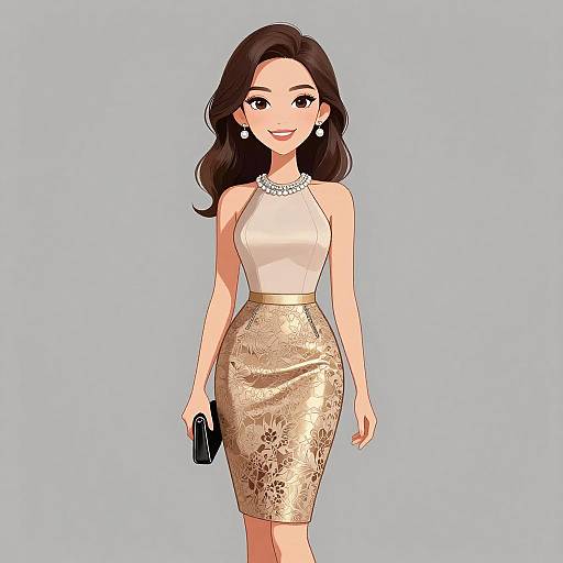 Digital illustration of a smiling Asian woman with wavy dark hair, wearing a white halter top and gold floral skirt, holding a black clutch, against