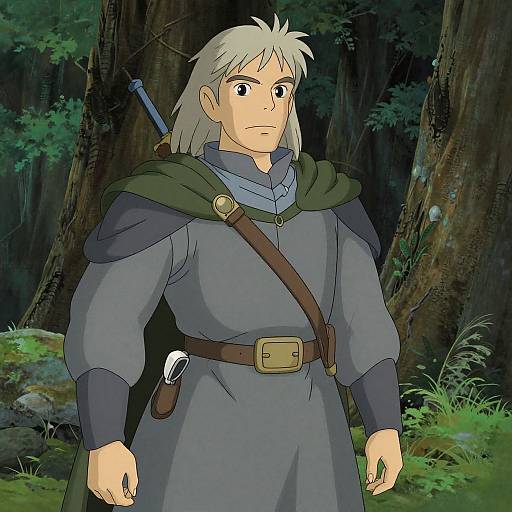Anime-style digital drawing of a white-haired male adventurer in a blue tunic, green cape, brown belt, and sword sheath, standing in a