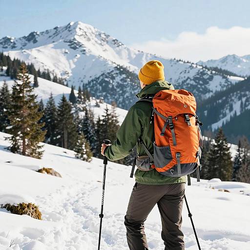 Back View Hiker in Snowy Mountains