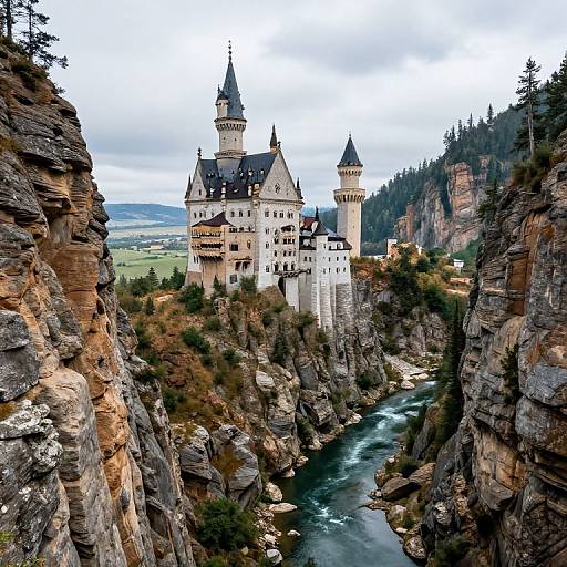Photograph of a white, multi-towered castle perched on rocky cliffs above a winding river, surrounded by dense forest and cliffs under a cloudy sky