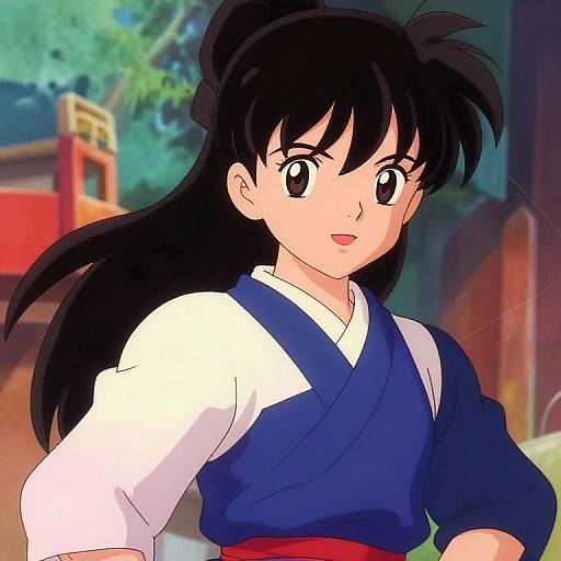 Anime-style digital drawing of a young woman with long black hair, blue and white kimono, and red obi, standing outdoors with a red shrine