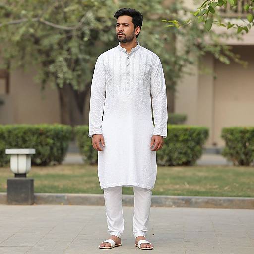 Photograph of a bearded South Asian man in a white traditional kurta and pants, standing outdoors on a paved path, with greenery and a