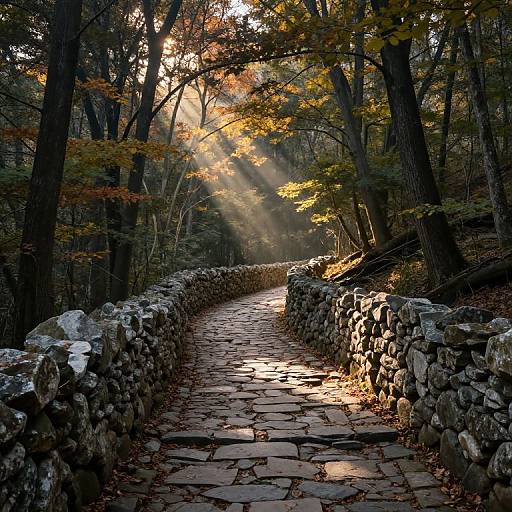 Photograph of a sunlit, stone-bricked forest path with autumn leaves, surrounded by tall, shadowed trees, and dappled sunlight filtering