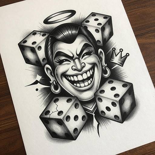 Chicano Style Grinning Character with Dice Tattoo Art