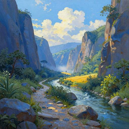 Realistic Oil Painting of River Canyon Sunrise