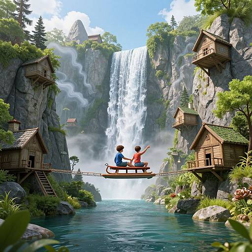 Digital artwork of two children in a wooden rowboat, floating on a turquoise river, with two wooden houses on cliffs, beneath a misty, casc