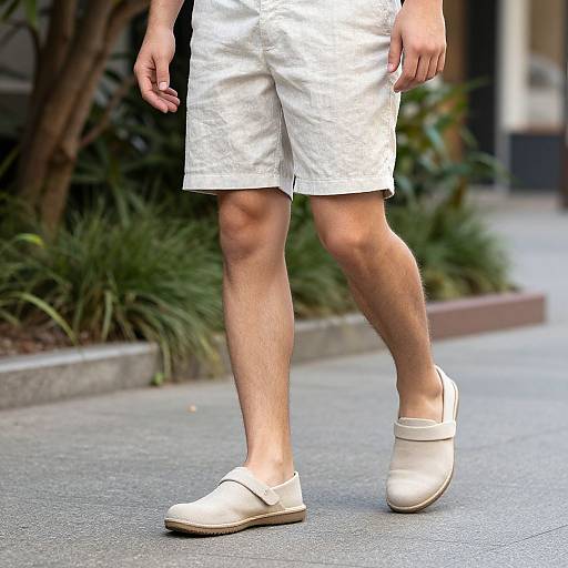 Photograph of a person's lower body in white shorts and beige slide sandals, walking on a paved sidewalk with greenery in the background.