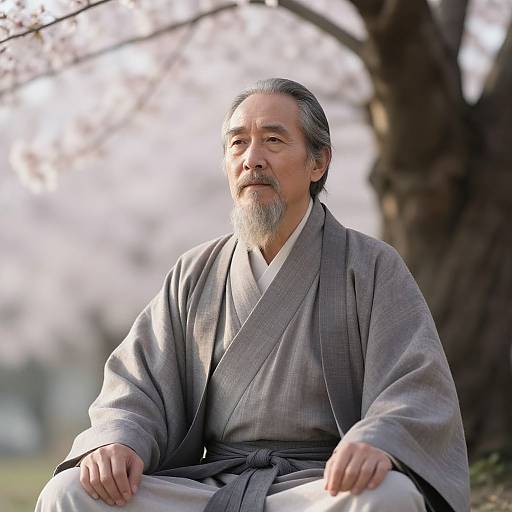 Photograph of an elderly Asian man with gray hair and beard, wearing a gray traditional Korean hanbok, sitting outdoors against a blurred cherry blossom tree