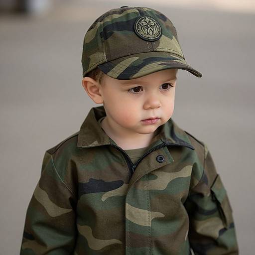 Photograph of a young boy with light skin, wearing a green and black camouflage hat and matching jacket, standing outdoors.