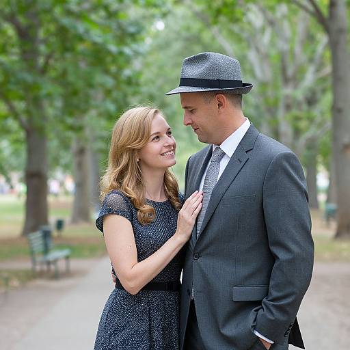 Photograph of a smiling blonde woman in a black polka-dot dress and a tall man in a gray suit and fedora, standing closely in a
