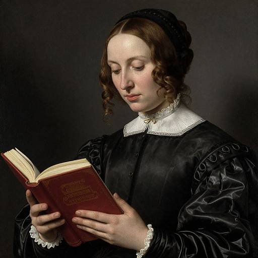 Photograph of a pale-skinned woman with brown curls, wearing a black, lace-collared Renaissance dress, reading an open book against a dark