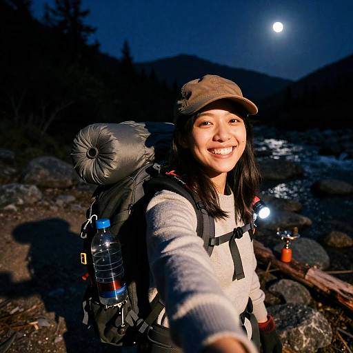 Cheerful Mountain Camping Night Selfie