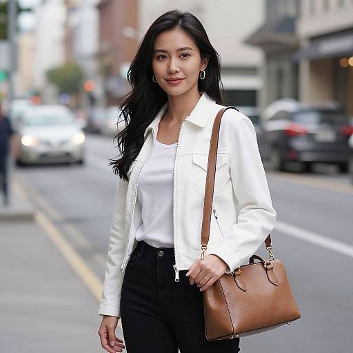 Photograph of an Asian woman with long black hair, wearing a white blouse, black pants, and brown leather handbag, standing on a city street