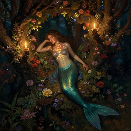 Digital artwork of a glowing mermaid with green scales, lying among vibrant flowers and illuminated by candles in a dark, enchanted forest.