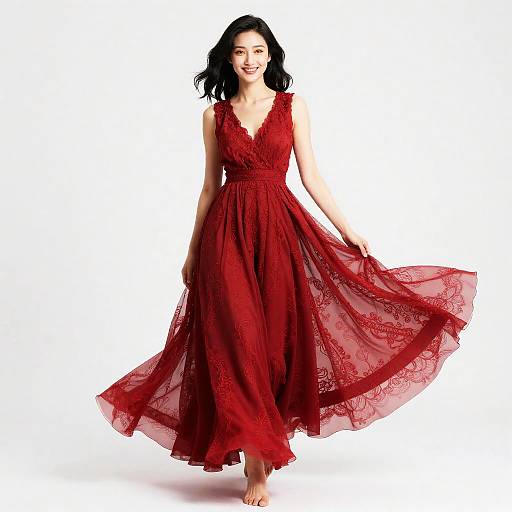 Elegant Asian Woman in Flowing Red Dress