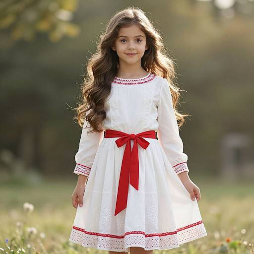 Elegant Girl in White Dress with Red Accents