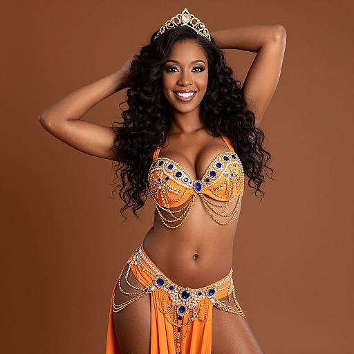 Photograph of a smiling Black woman with curly hair, wearing an orange beaded belly dancer outfit, gold chains, and a tiara, against a